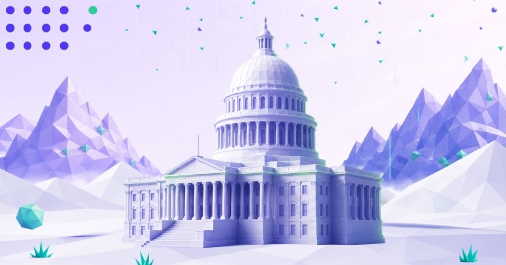 Low-poly U.S. Capitol on a lavender landscape with geometric mountains and mint accents