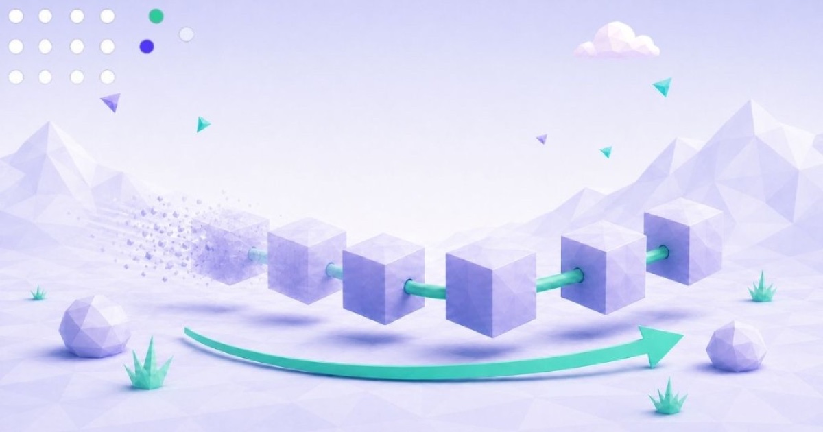 Low-poly illustration of five lavender blockchain cubes connected by a teal rod over a purple landscape, with the leftmost cube fragmenting into particles and a teal arrow curving forward.