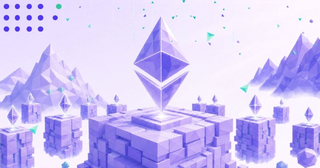 Low-poly Ethereum crystal on cube pedestals in a lavender landscape with Tatum brand mark